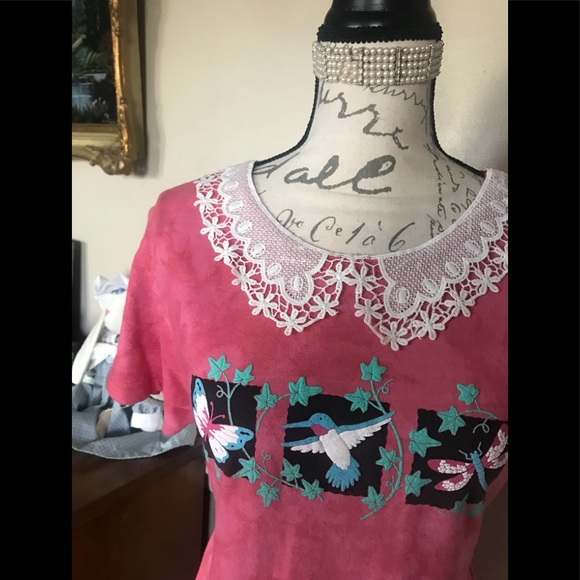 Rare Pink Tie Dye Hummingbird Lace Collar Dress M - Picture 8 of 15